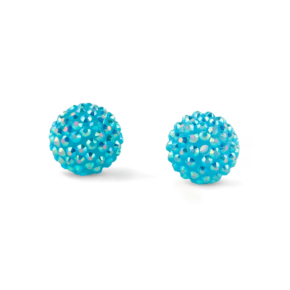 Two spherical blue rhinestone resin beads with a textured surface for jewelry making