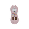 A pink silicone teether toy with a rounded shape and buttons for baby pain relief.