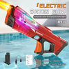 Red electric water gun with colorful lights aimed at water, showing its size and features.