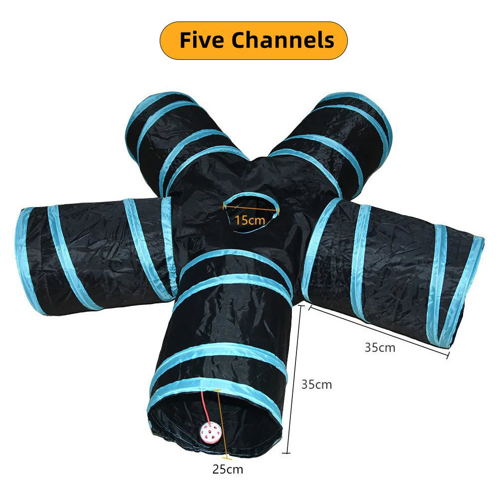 Black and blue foldable S-shaped cat tunnel with five channels and hanging ball toys