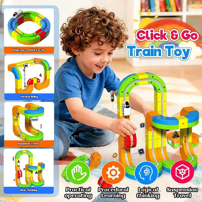 A young boy is playing with a Click & Go Train Toy set featuring vertical sliding, suspension travel, and wall climbing featu