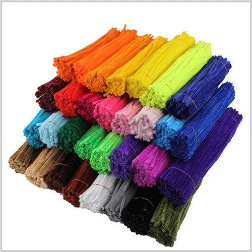 A collection of 100 colorful chenille stem craft pipe cleaners in various shades of orange, yellow, green, and purple.