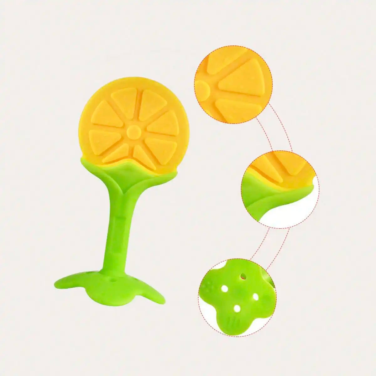A soft silicone fruit-shaped baby teether in yellow and green, shown with various parts.