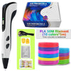 A white 3D printing pen with a black body and a box showing PLA filament colors.