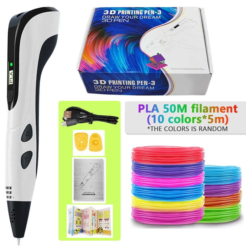 A white 3D printing pen with a black body and a box showing PLA filament colors.