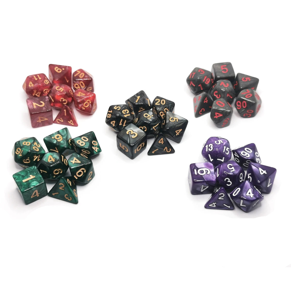 A collection of seven polyhedral dice in various colors including red, black, and green.