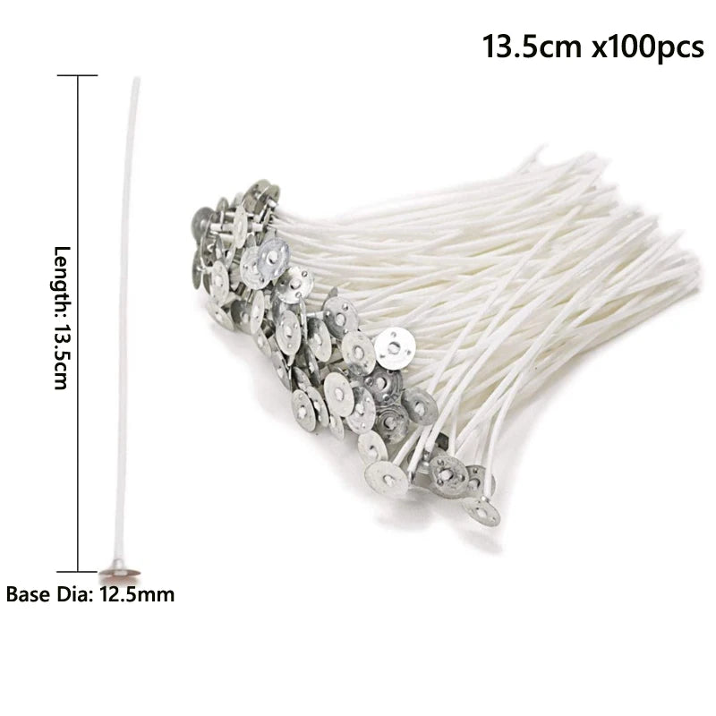 A bundle of 100 pre-waxed cotton candle wicks with metal sustainer tabs, showing the length and base diameter.