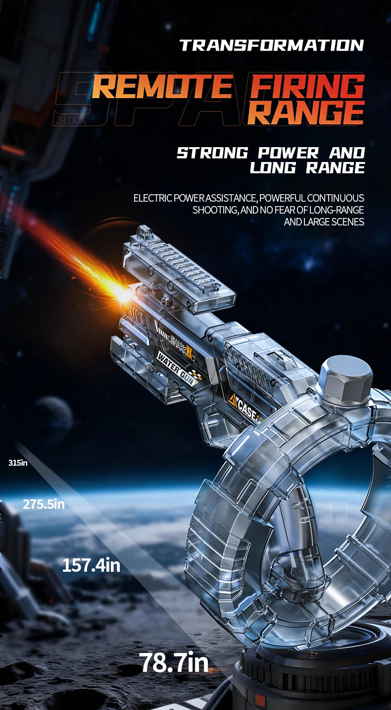 A close-up view of a futuristic remote firing spa range weapon with a circular water gun mechanism against a dark background.
