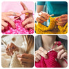 Hands knitting and crocheting a yarn guide ring for knitting and crochet