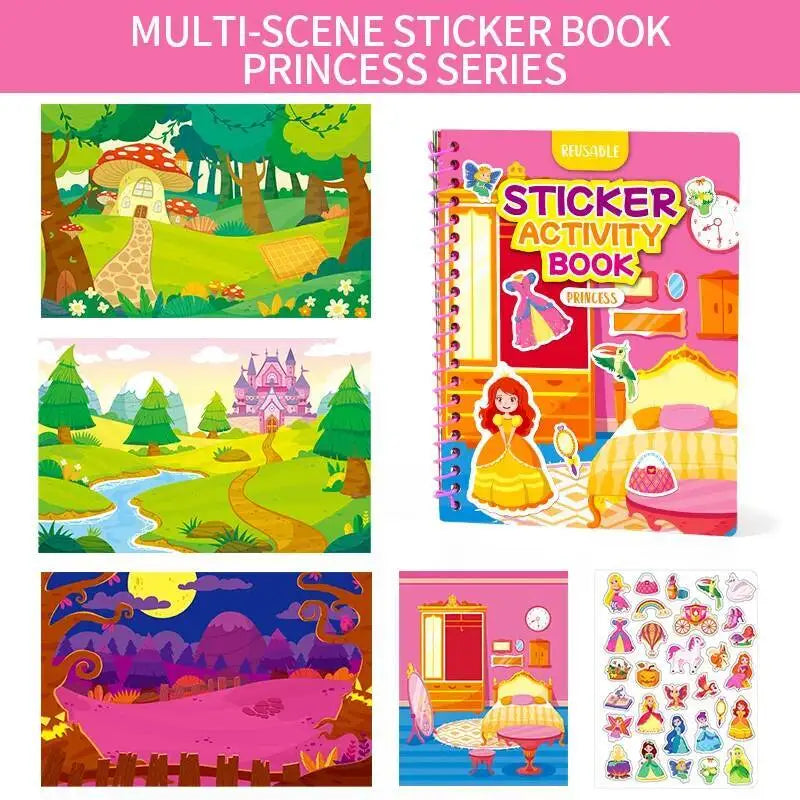A colorful multi-scene sticker book featuring princess themes and various activity pages for children.