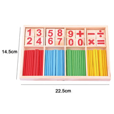 Wooden Montessori sensory blocks featuring numbers and operations arranged in a wooden tray with colored rods.