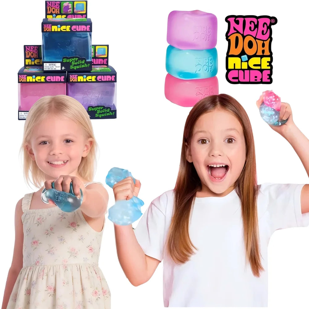 A girl holds a blue squishy toy and another girl is shown with pink and blue cube squish toys.