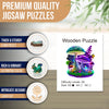 A premium quality wooden jigsaw puzzle featuring a colorful mushroom and various animal shapes.