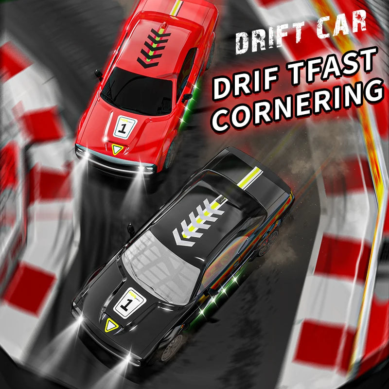 A red and black drift car is shown in motion on a track, demonstrating drifting and cornering techniques.