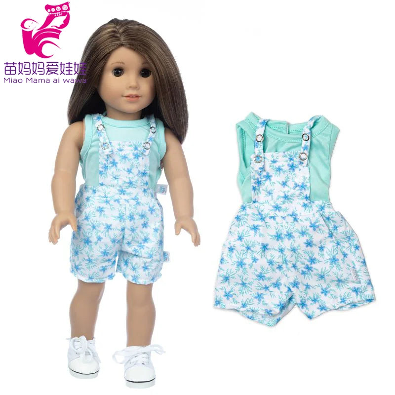 A doll wearing a light blue office outfit set consisting of overalls, a blouse, and tights.