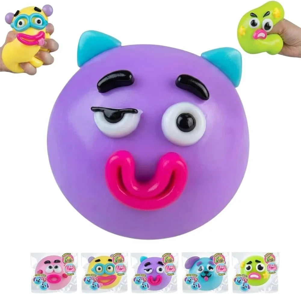A collection of colorful, moldable dog face squishy sensory toys in various shapes and colors.