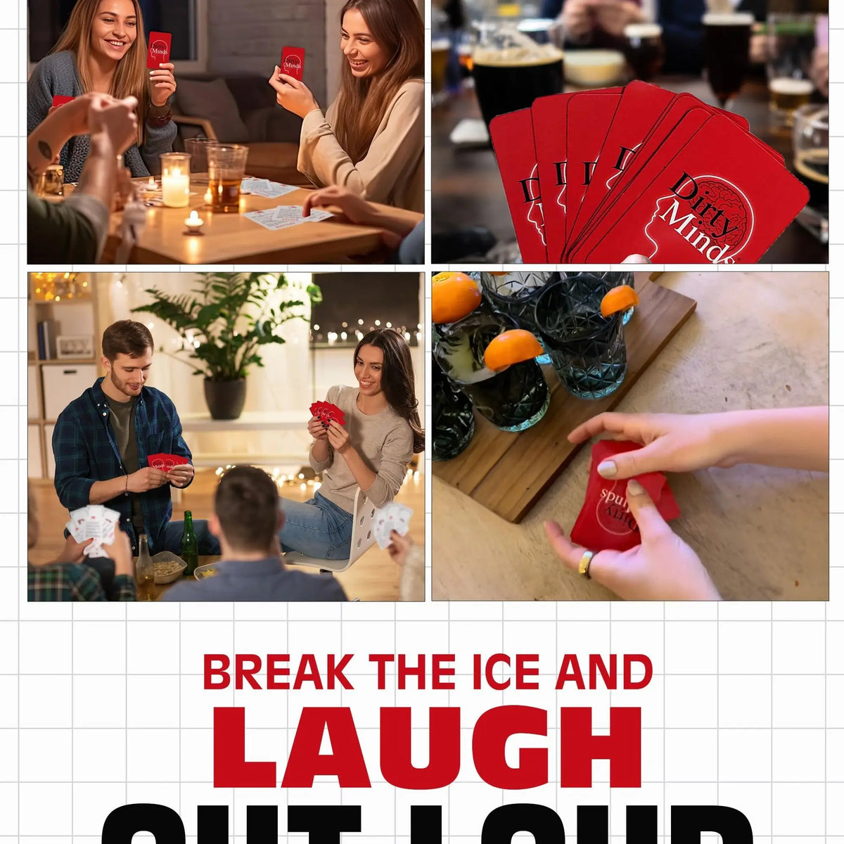 A collage showing people playing a card game, including red cards and a hand holding a red card.