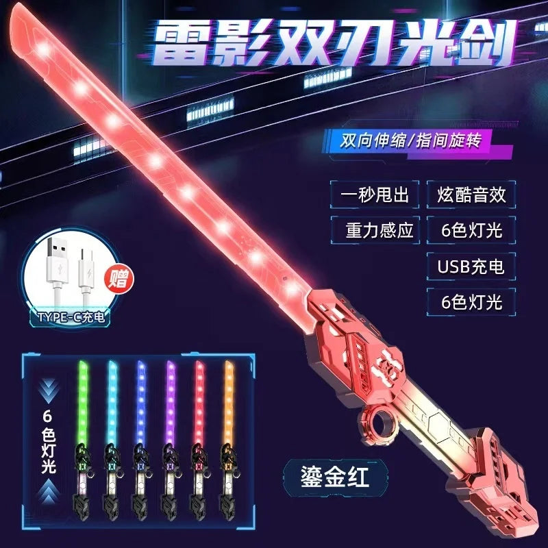 A close-up view of a pink LED light-up dual-head rotating laser sword toy with sound effects and multiple colored lights.
