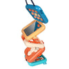 A blue and orange 6-in-1 Montessori activity cube for toddlers with a tablet screen and various manipulative parts.