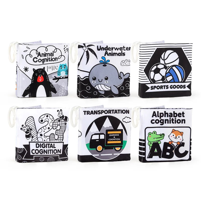 A set of nine high-contrast soft baby cloth books for early learning featuring animals, underwater creatures, transportation,