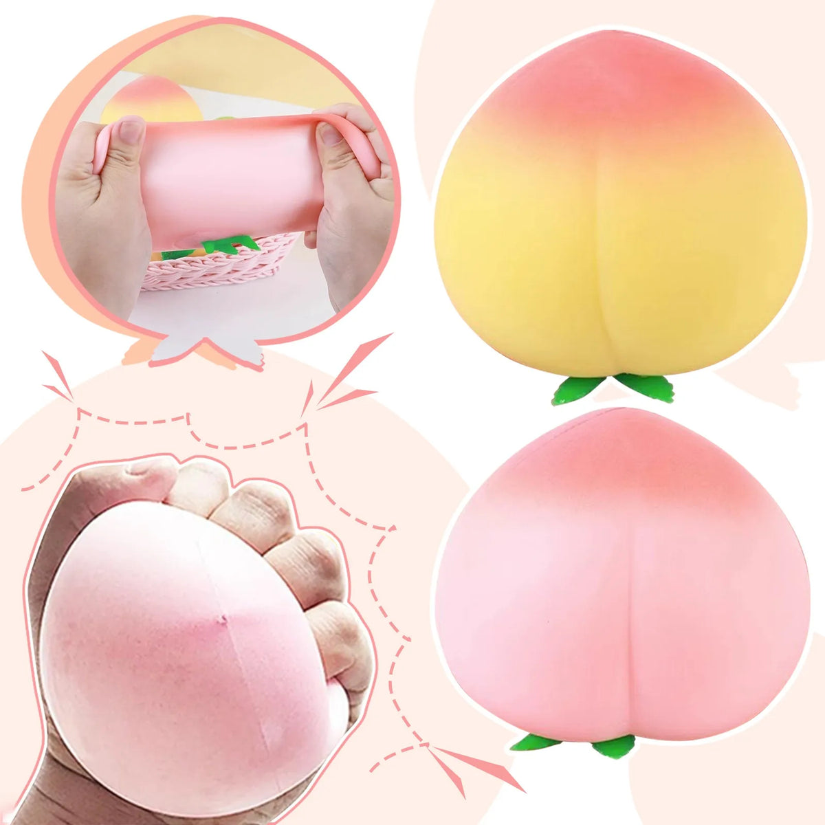 A pink peach-shaped squishy toy is shown being squeezed by hands, demonstrating its texture and size.