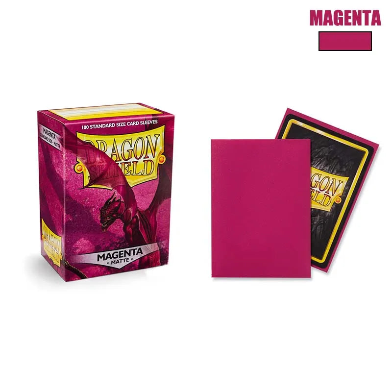 A box of magenta matte card sleeves for trading cards, with a sample sleeve displayed next to it.