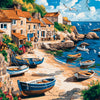 A vibrant painting depicts a seaside harbor scene with houses, boats, and cliffs under a blue sky.