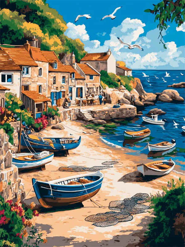 A vibrant painting depicts a seaside harbor scene with houses, boats, and cliffs under a blue sky.