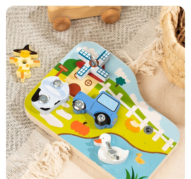 Farm Animal Wooden Screw Puzzle Toy Set with Child-Safe Tools