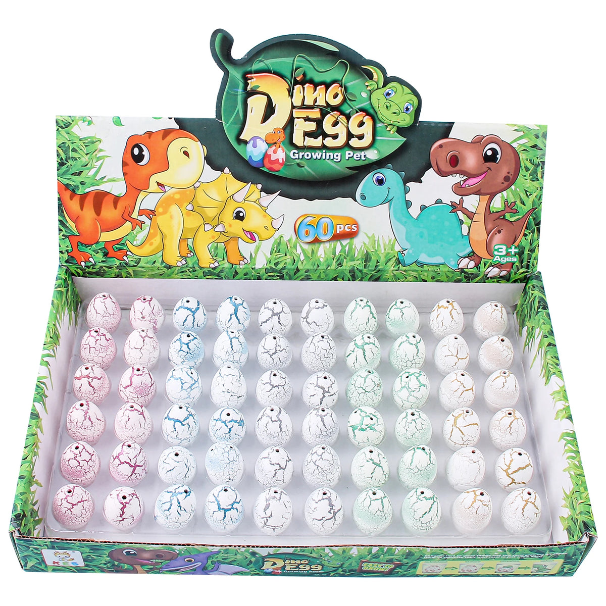 A box containing a Magic Dinosaur Egg Hatching Set with various colored dinosaur eggs and a plastic tray.