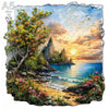 A jigsaw puzzle depicting a coastal landscape with trees, rocks, and water under an orange sunset.