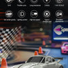 A white 1:64 scale 4WD RC drift car is shown in a dynamic racing context.