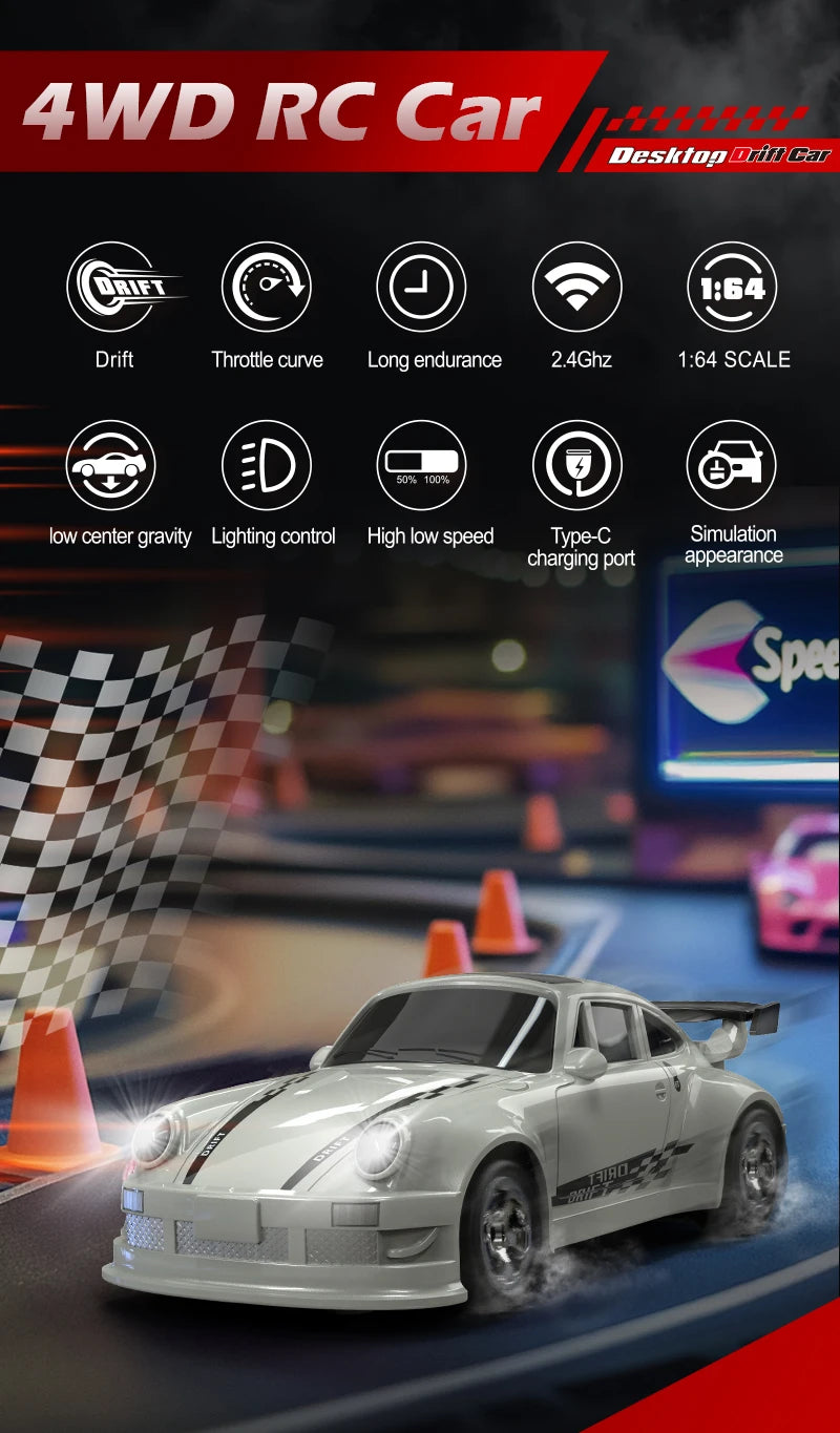 A white 1:64 scale 4WD RC drift car is shown in a dynamic racing context.