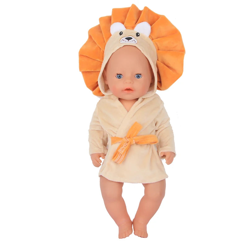 A cute cartoon lion head bathrobe and nightgown set for a doll