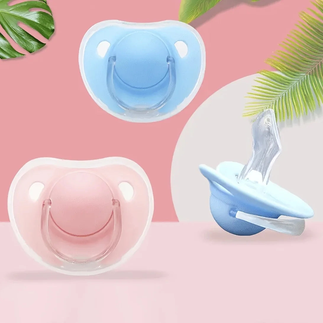 A set of two silicone pacifiers with protective covers in light blue and pink colors shown against a soft background.
