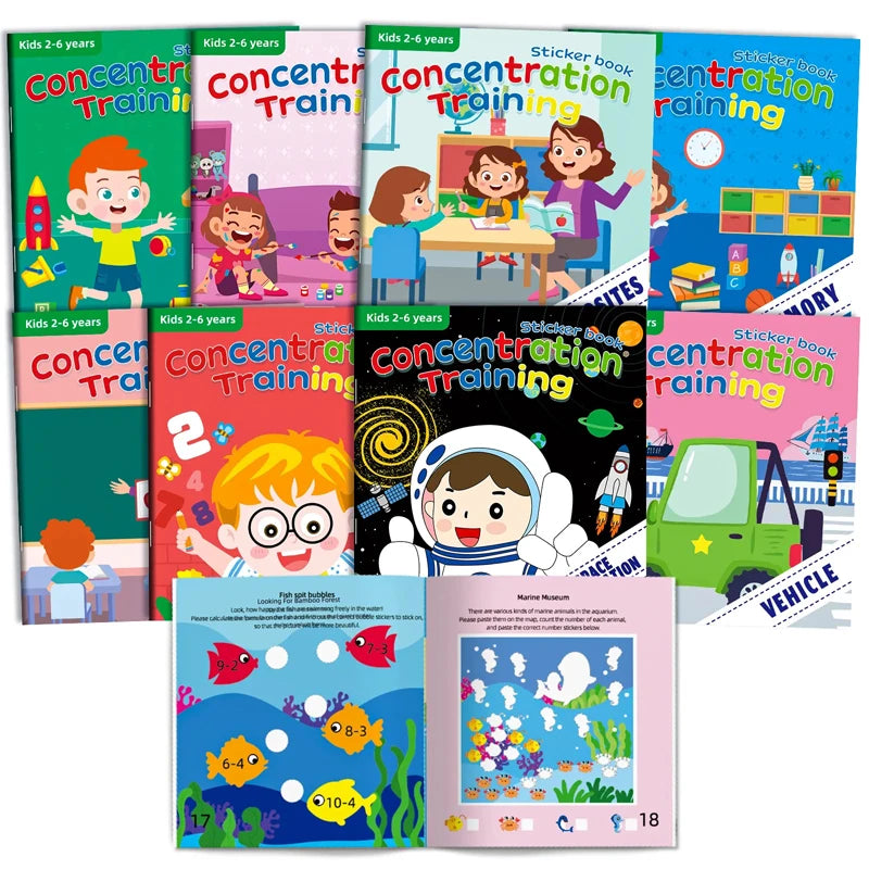 A collection of colorful sticker books for toddlers featuring concentration training and animal scenes.