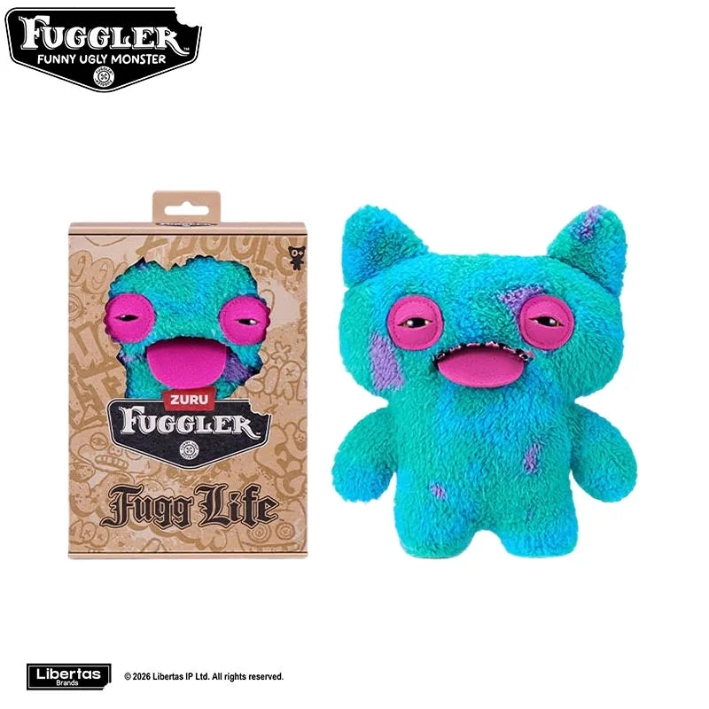 A bright blue Fuggler tooth monster plush toy with pink accents and large eyes.