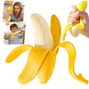 A yellow stretchy banana fidget toy is shown with a hand squeezing it, alongside images of children interacting with the toy.