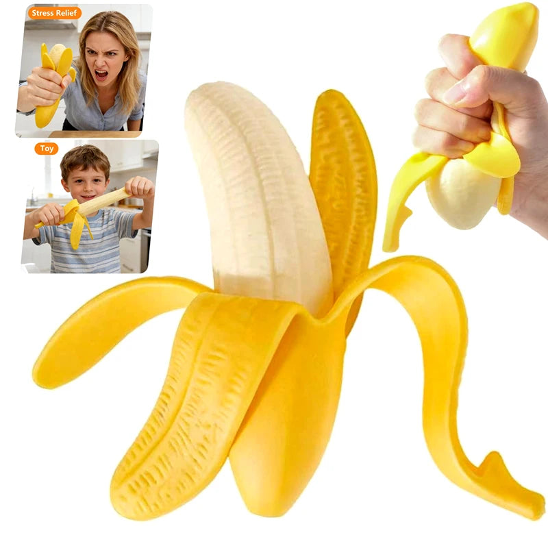 A yellow stretchy banana fidget toy is shown with a hand squeezing it, alongside images of children interacting with the toy.