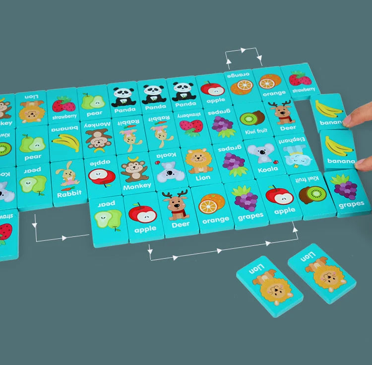 A wooden farm and fruit matching puzzle game with colorful animal and fruit cards arranged in a grid.