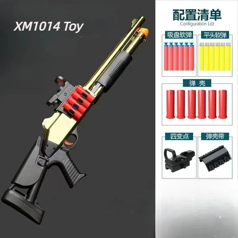 A yellow and black toy shotgun with a visible shell ejecting mechanism and configuration list.
