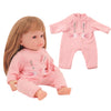 A pink cotton doll outfit featuring a rabbit design for a 12-inch doll.