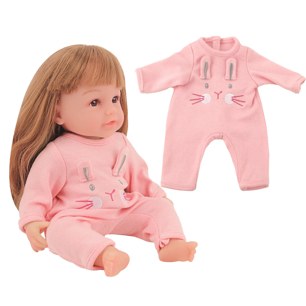 A pink cotton doll outfit featuring a rabbit design for a 12-inch doll.