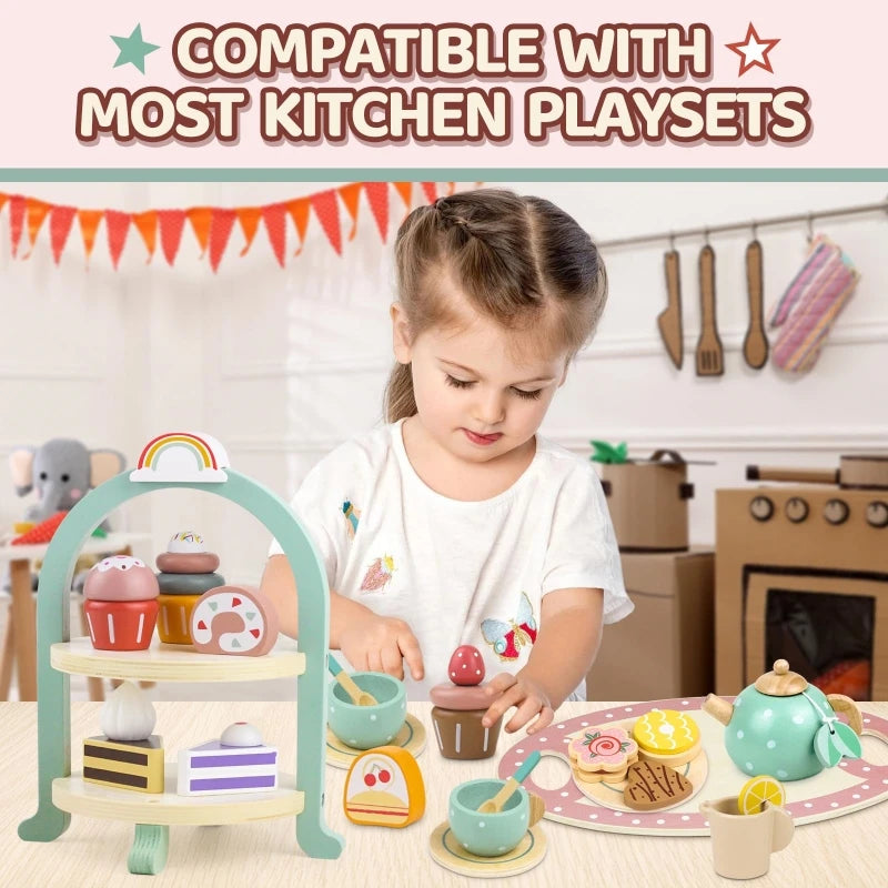 A wooden pretend play tea party set with various cups and food items is displayed on a table.