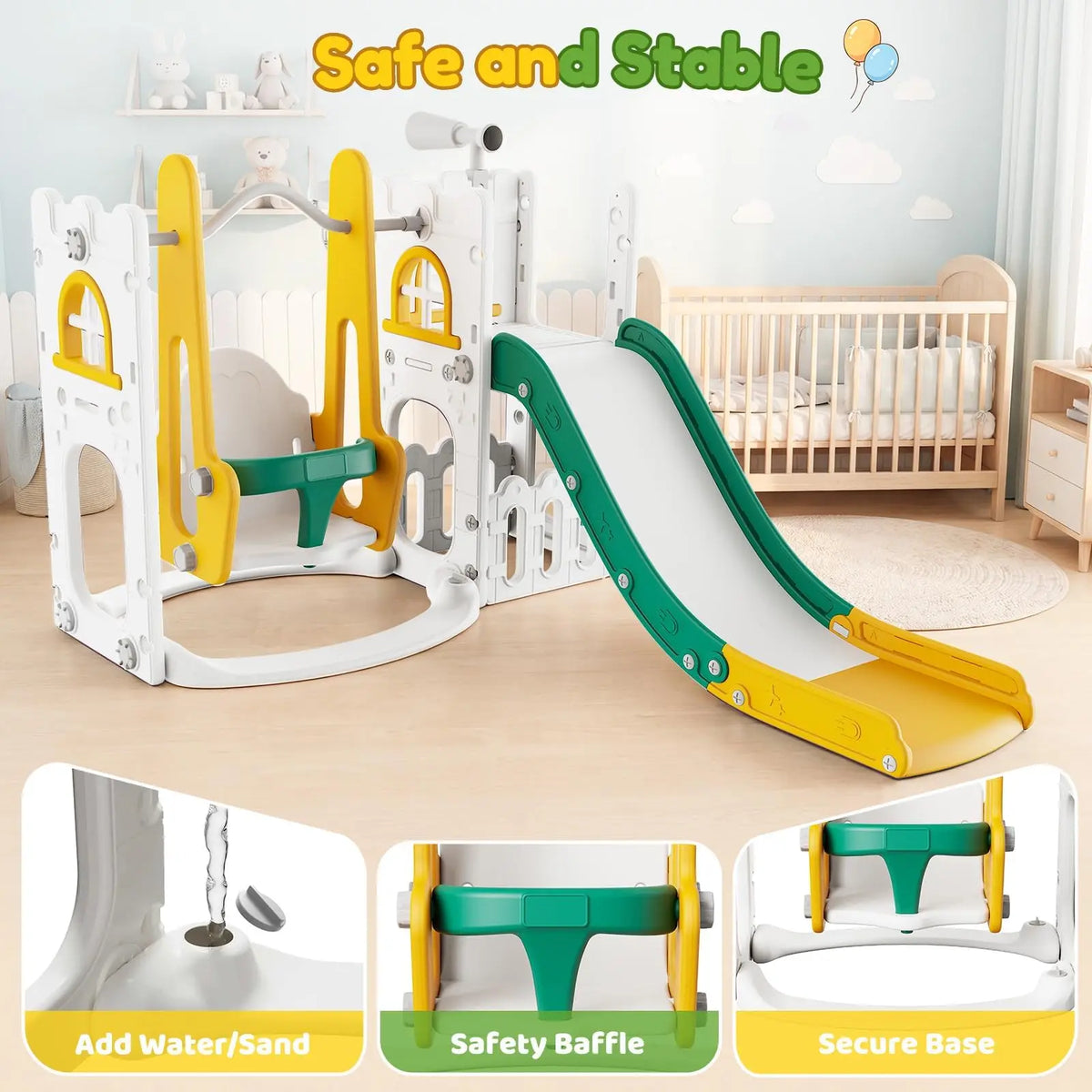 7-in-1 Toddler Slide and Swing Play Set with Basketball Hoop & Castle Playhouse