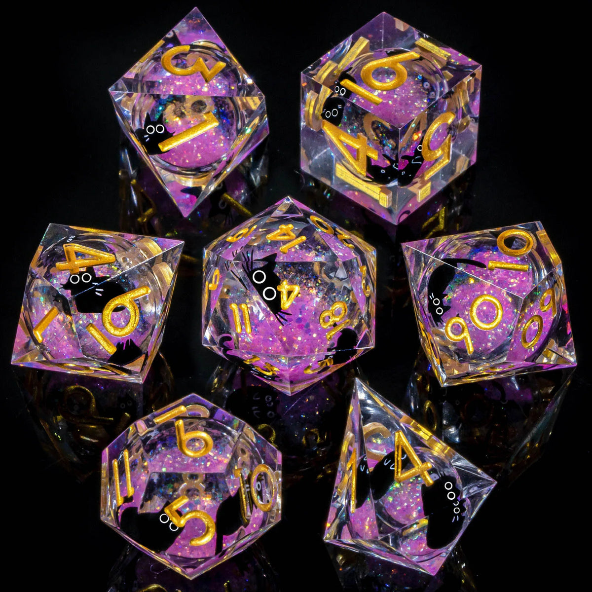 A set of translucent purple resin dice shaped like pyramids and cubes, used for RPG gaming.