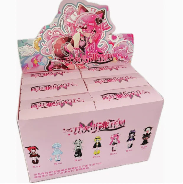 A pink box containing an articulated vinyl art figure of a character with pink hair and cat ears.