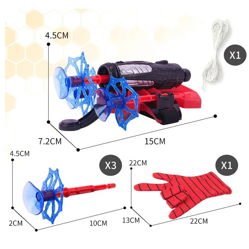 A set of superhero launcher wrist toys featuring suction cup darts, including a red launcher and a red glove.