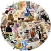 A circular arrangement of various funny cat and dog faces and animals in a sticker pack.
