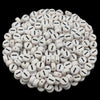 A circular arrangement of small white acrylic alphabet letter beads for jewelry making